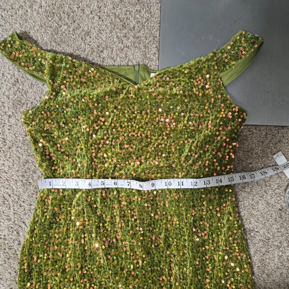 XL (10-12+) Faeriesty Chartreuse Green Velvet Off-Shoulder Mermaid Gown Sequins - Picture 6 of 8